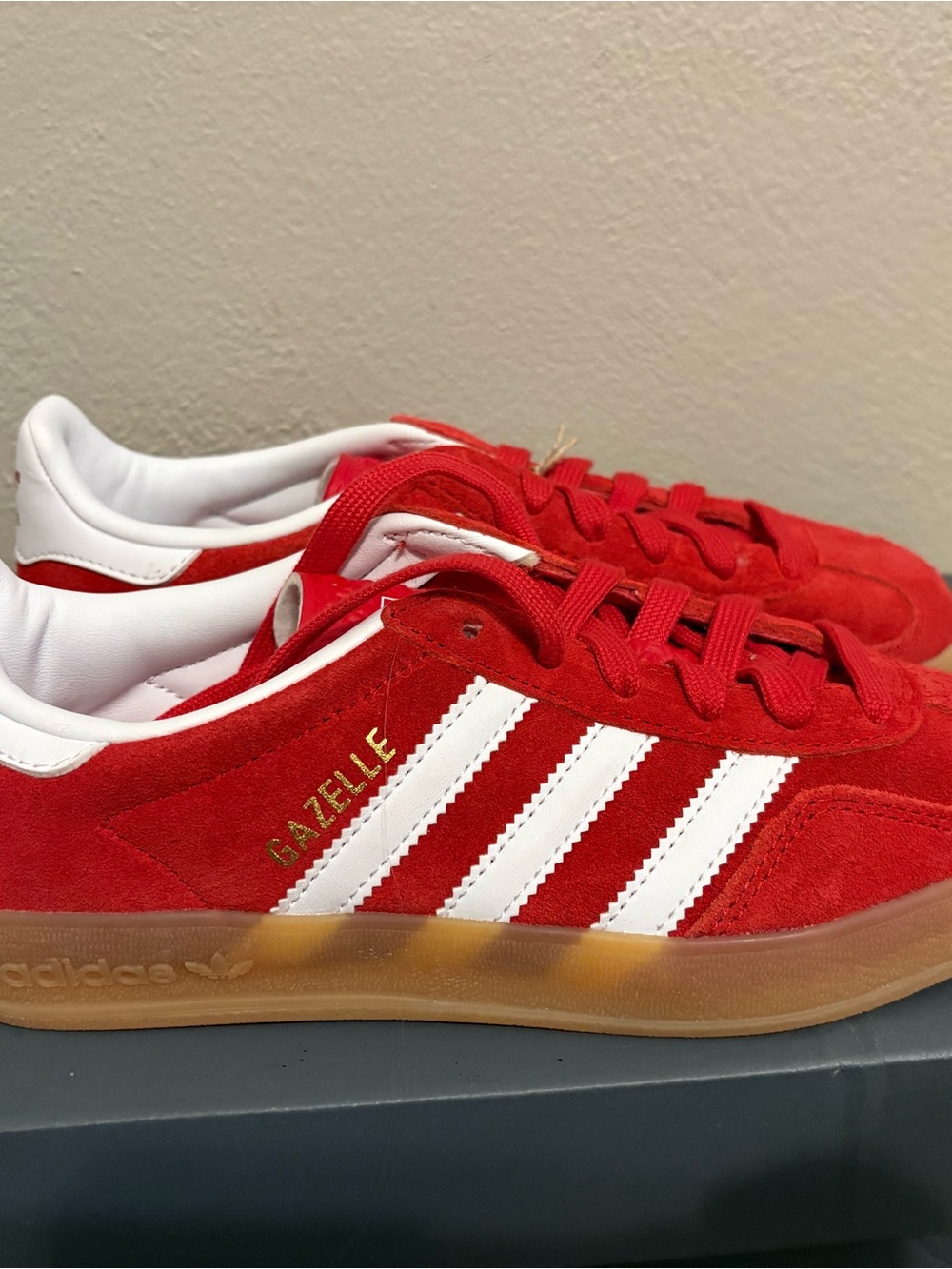 adidas Gazelle Red Suede Sneakers with White Stripes and Gum Sole